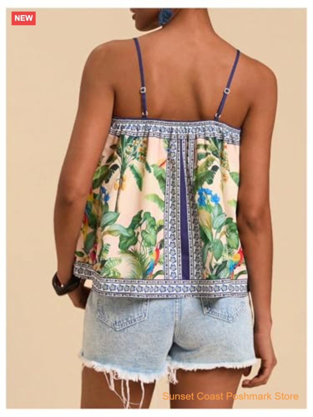 Tropical Floral Print Cami Top Spaghetti Strap Boho Vacation - Picture 2 of 5